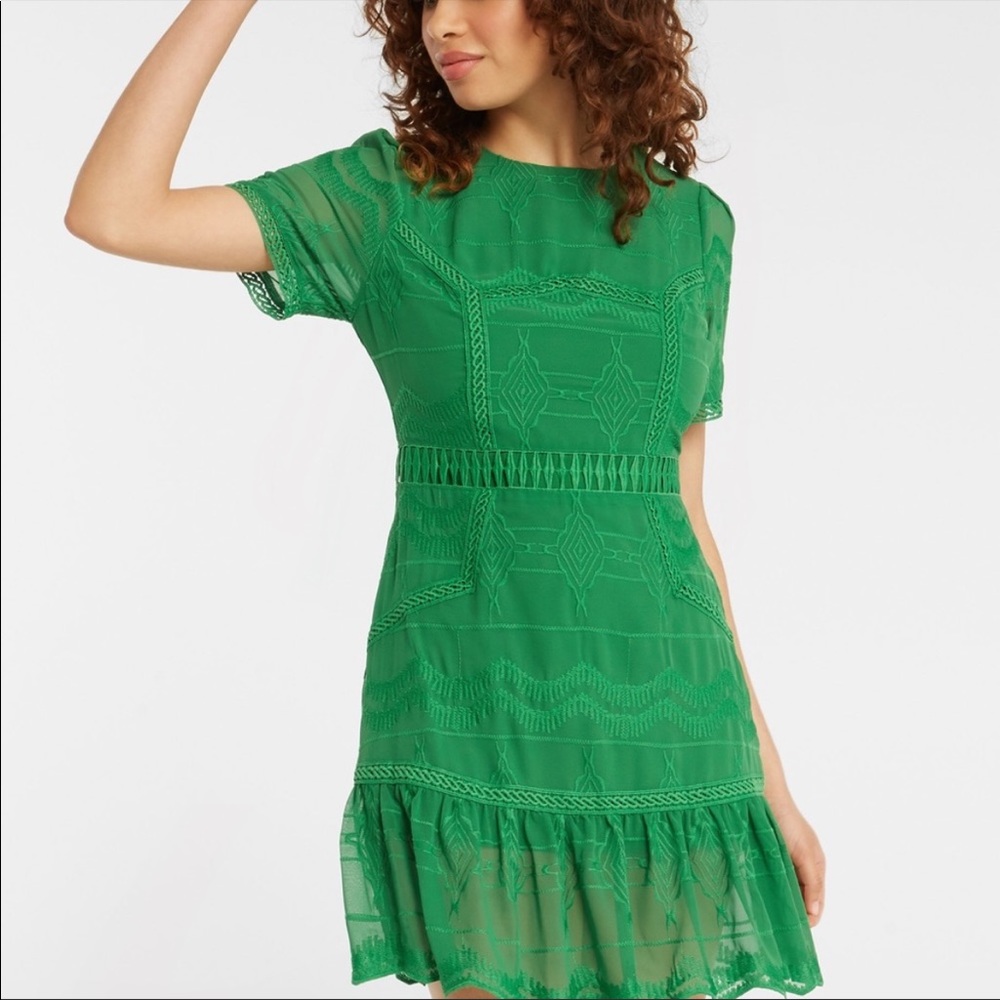 J.O.A. Emerald Green Embroidered Ruffle Tiered Mini Dress